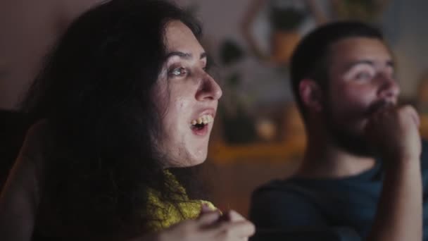 Woman Disability Man Rejoicing Discussing Movie While Watching Together Home — Video