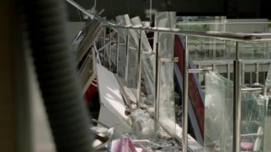 ZAPORIZHYA, UKRAINE - JULY 19, 2022: the destroyed food court of the Aurora shopping center during the war and Russian aggression in Ukraine