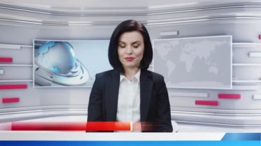 Virtual television studio with female presenter weared formal suit with black jacket reporting latest news in special report on live TV channel