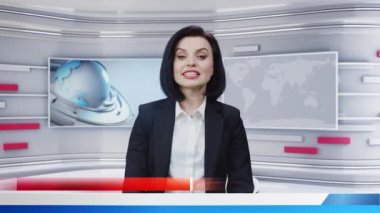 Female news anchor talking and reporting positive latest news in television virtual studio on live TV channel