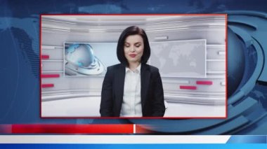 Woman TV presenter weared formal black jacket reporting and commenting latest news from television virtual studio on live news channel