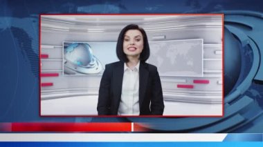 Mock-up playback of breaking news report with female TV anchor weared formal suit with black jacket talking and reporting in live news television program