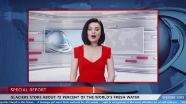 Female news anchor weared red dress commenting global warming and water reserves in glaciers in special report on live TV news channel