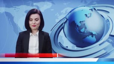 Television broadcasting with positive female news anchor weared formal black jacket from virtual studio on live TV news channel