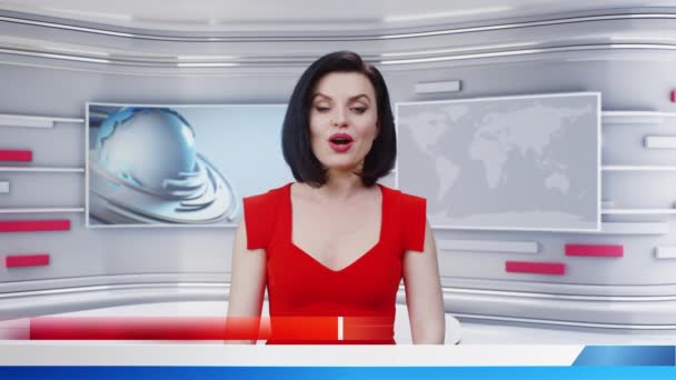 Television Broadcasting Positive Female Red Dress News Anchor Virtual Studio — Stockvideo