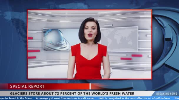 Female News Anchor Weared Red Dress Commenting Global Warming Water — ストック動画