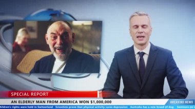 Male TV news presenter in special report on TV live news channel talking about elderly american man who won money in lottery