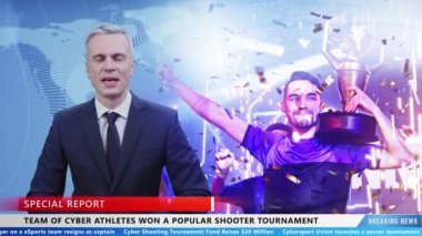 Male newscaster in TV studio commenting on winning team of cyber athletes and final of popular gaming tournament in breaking news live program