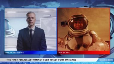 Male presenter in TV studio talking online via video link live with a woman astronaut who is on the planet Mars during the expedition.