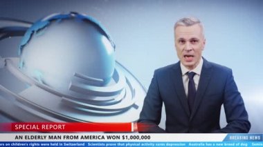 Male TV news presenter in special report on TV live news channel talking about elderly american man who won money in lottery