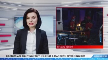 Female presenter in television studio on live news channel commenting latest news about injured elderly man after disaster