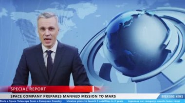 Male presenter on TV live news program reporting breaking news about astronauts and preparing space mission to Mars