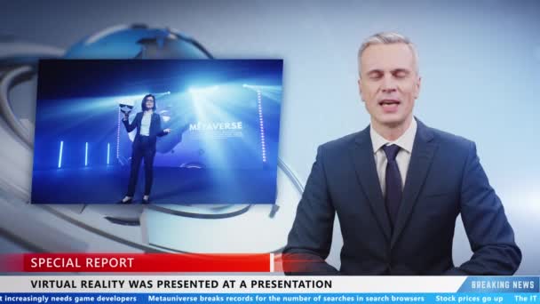 Male News Anchor Live Breaking News Reporting Metaverse Event Talking — Video