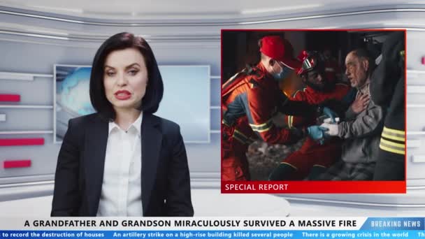 Female Newscaster Special Live Report Television News Channel Talking Survived — Αρχείο Βίντεο