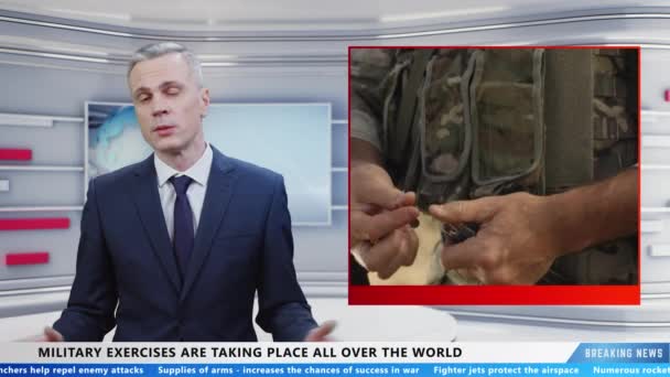 Male Presenter Reporting Military News Studio Live News Program Informing — Vídeo de Stock