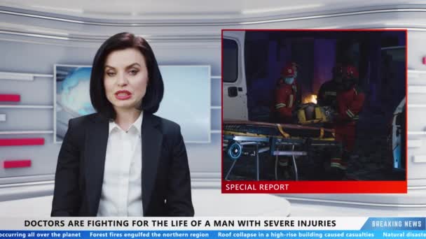Female Presenter Television Studio Live News Channel Commenting Latest News — Vídeo de Stock