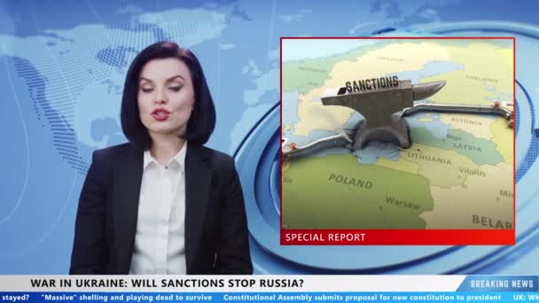 Female News Anchor Live News Channel Reporting Sanctions Russia Oil — стокове відео