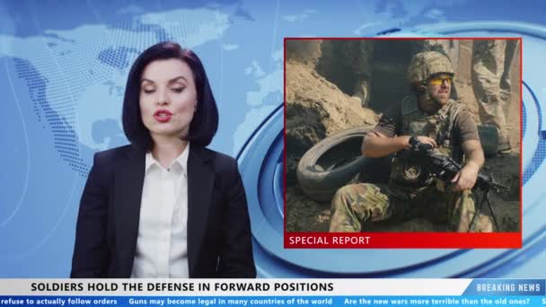 Female News Anchor Reporting Studio Live News Program Heroic Defense — Video Stock
