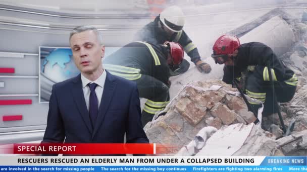 Male Anchor Reporting Information Live News Channel Rescuing Elderly Man — Vídeo de stock