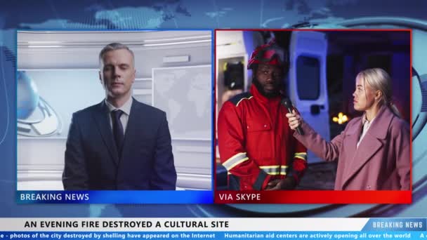 Male News Anchor News Studio Journalist Interviewing African American Rescuer — Stok video