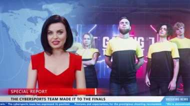 Female TV presenter commenting cybersport latest news about cyber team and future finale of gaming competition in live news television program