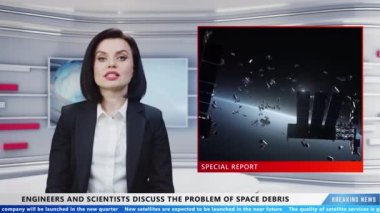 Female news presenter in newsroom on TV live channel commenting latest news about space debris problem