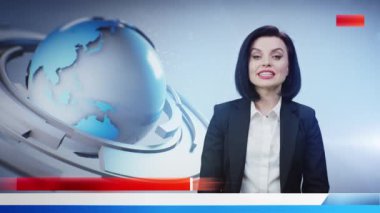 TV broadcasting with positive woman news presenter talking and reporting breaking news in television live program