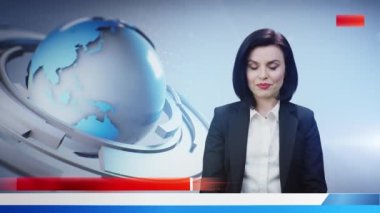 Woman TV presenter in casual suit talking and commenting latest news from virtual television studio in live news program