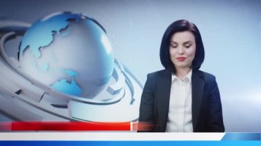 Female news anchor in special report from TV studio broadcasting and talking about latest news in television live news program