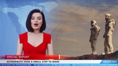 Female news anchor in TV studio reporting on first successful space mission to Mars with astronauts on live news channel