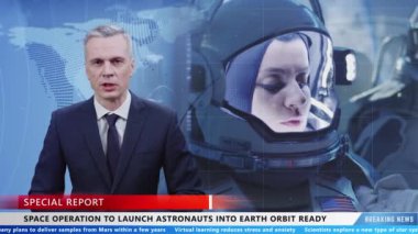 Male TV presenter commenting news about preparation of space operation into orbit in breaking news live program on television channel