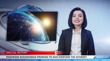 Female news anchor reporting breaking news on TV live channel about innovative worldwide satellite internet communication system