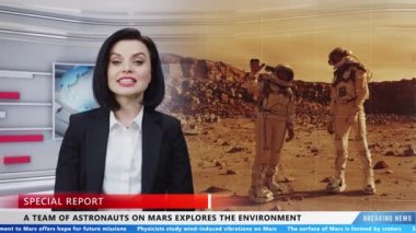 Anchorwoman on TV live news channel in special report commenting news about astronauts who exploring Mars environment and surface