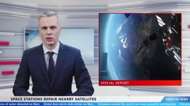 Male TV presenter in special live report commenting breaking news on TV channel about work in space of astronaut on space station and repairing satellites