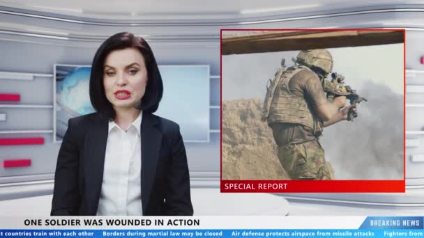 Female Presenter Special Report Live News Television Channel Talking Wounded — Stok Video