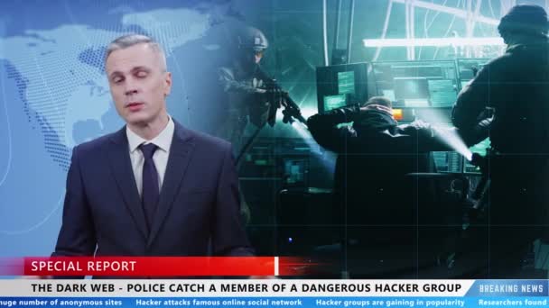 Male Presenter Special Report Commenting Detention Member Dangerous Hacker Group — Stockvideo