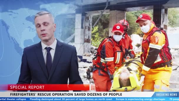 Male News Presenter Commenting Firefighters Rescue Operation Burning Building Bombing — Stock video
