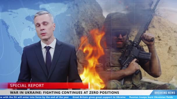 Male Presenter Live News Program Commenting Military Latest News Special — Αρχείο Βίντεο