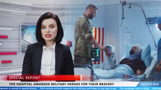 Woman Presenter Talking Rewarding Wounded Soldiers Military Hospital While Reporting — стоковое видео