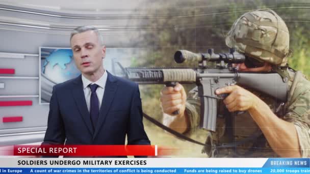 Male News Anchor Special Report Studio Talking Beginning Military Exercises — Wideo stockowe