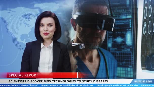 Female Presenter Live News Program Reporting Discovering New Technologies Medicine — Stock video