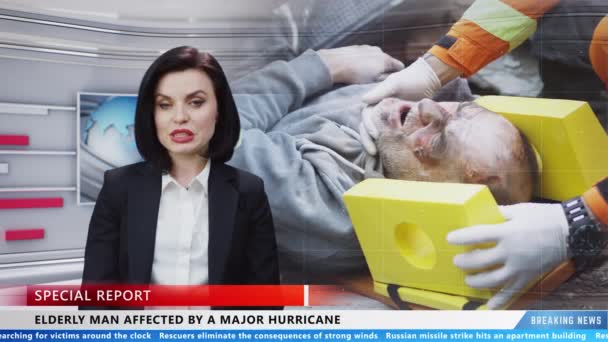 Female Presenter Reporting Breaking News Disaster Injured Elderly Man Massive — Stok Video