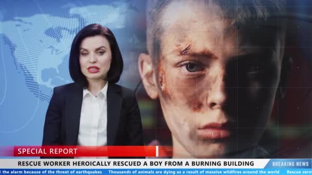 Female Presenter Special Report Television Live News Channel Talking Rescued — Αρχείο Βίντεο
