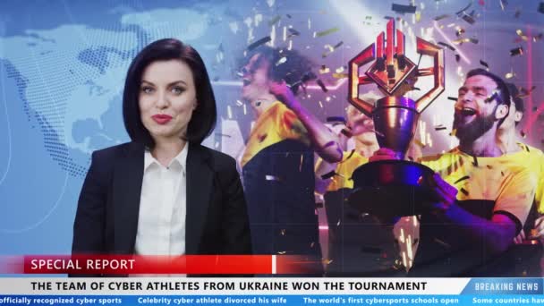 Woman Presenter Reporting Victory Ukrainian Cyber Team Gaming Tournament Special — стокове відео