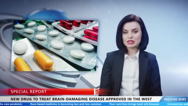 Woman Presenter Reporting Medicine Latest News Live Channel Informing Drug — Vídeo de Stock
