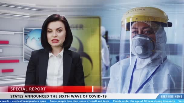 Female News Anchor Reporting Breaking Pandemic News Information Announcing New — 비디오