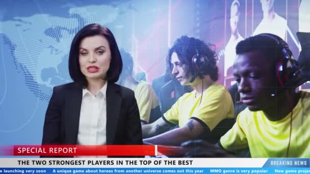 Woman Presenter Reporting Breaking News Strongest Cyber Players Gaming Tournament — Αρχείο Βίντεο