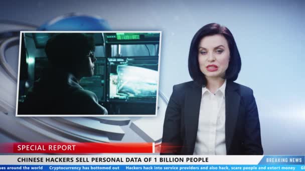 Female Presenter Reporting Breaking News Television Channel Criminal Group Hackers — Vídeo de Stock