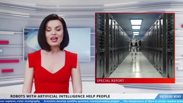 Woman Presenter Reporting New Technologies Robots Artificial Intelligence Television Channel — Vídeo de Stock