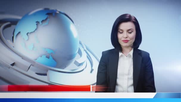 Female News Anchor Special Report Studio Broadcasting Talking Latest News — стоковое видео